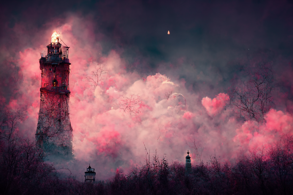 a red lighthouse covered in vines looms above a treeline. Clouds of pink-tinged fog rise to a dark sky