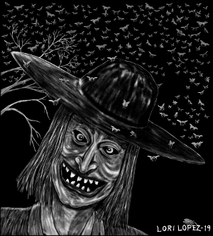 A black and white image of a person in a straw hat grinning with their teeth showing. The person is surrounded by small flying insects.