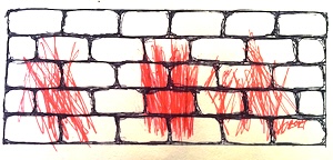 An inked drawing of a brick wall with red scratches on it