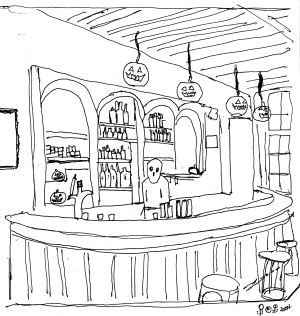 a pencil illustration of a bar with pumpkins and Halloween decorations