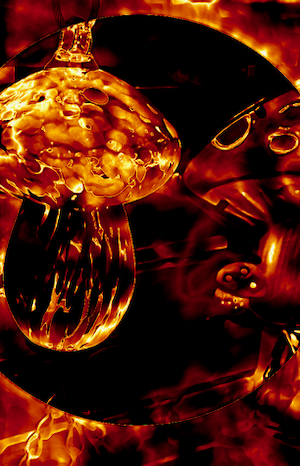 A montage of molten metal, with a solar eclipse in the background