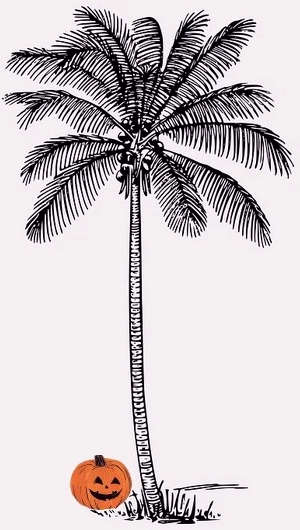 a line drawing of a palm tree with a bright orange pumpkin underneath