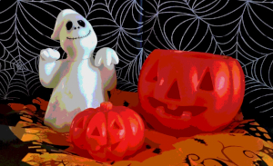 a photograph of plastic pumpkins and a plastic ghost