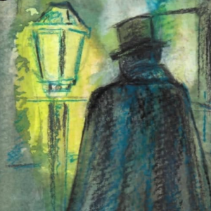 A shadowy figure in a coat and top hat stands in front of a lamppost, facing away from the viewer