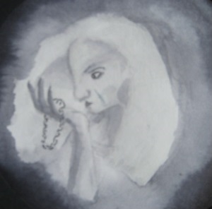 A charcoal sketch of a woman staring at a necklace